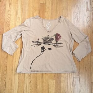 Y2K Grunge Beige Crown & Rose Graphic Rhinestone Back Long Sleeve V Neck Top